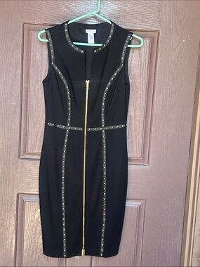 Cache Black Midi Sheath Dress with Gold Zip and Stud Trim